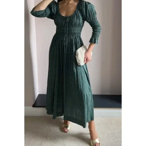 DOEN Kaira Midi Dress Printed Smocked Ruffle Evergreen Puff Sleeve S New - Picture 11 of 11